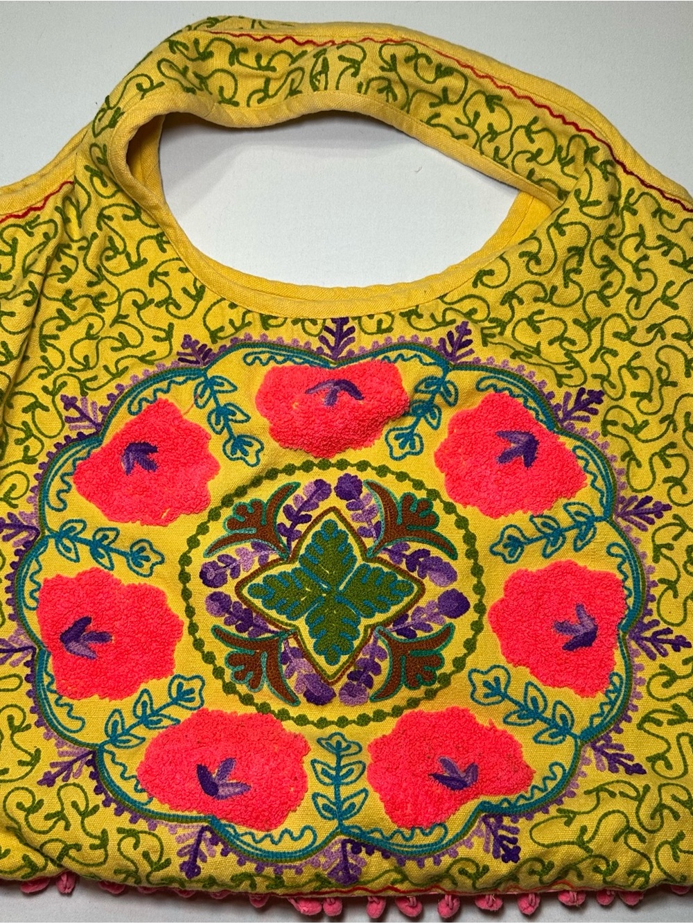 Le Lis Blanc Boho Floral Embroidered Slouchy Hobo Bag Yellow Pom-Pom Tote